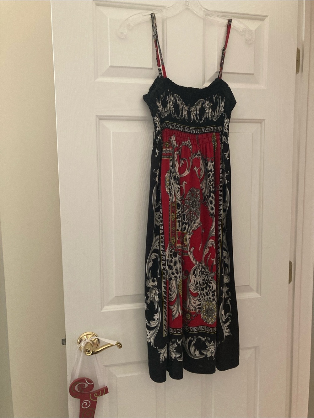 Christina Love ❤️ baroque red and black pattern smocked bodice midi dress